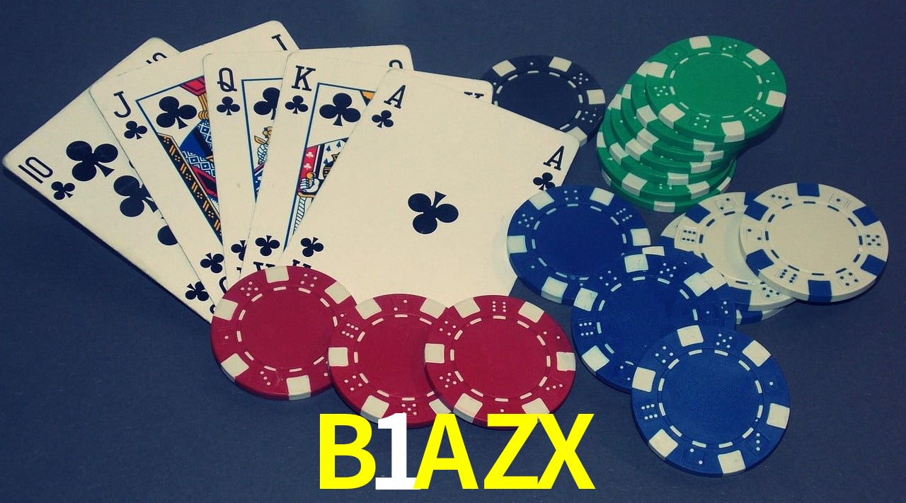 Una escena digital vívida inspirada en casino con B1AZX mostrado prominentemente, luces brillantes, fichas, cartas y acentos dorados.