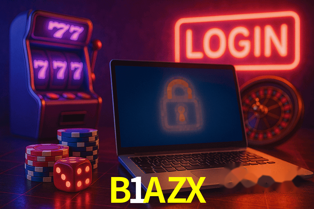 Escena dinámica inspirada en casino con iluminación B1AZX, cartas, fichas e íconos de juegos digitales en un espacio moderno de juegos.