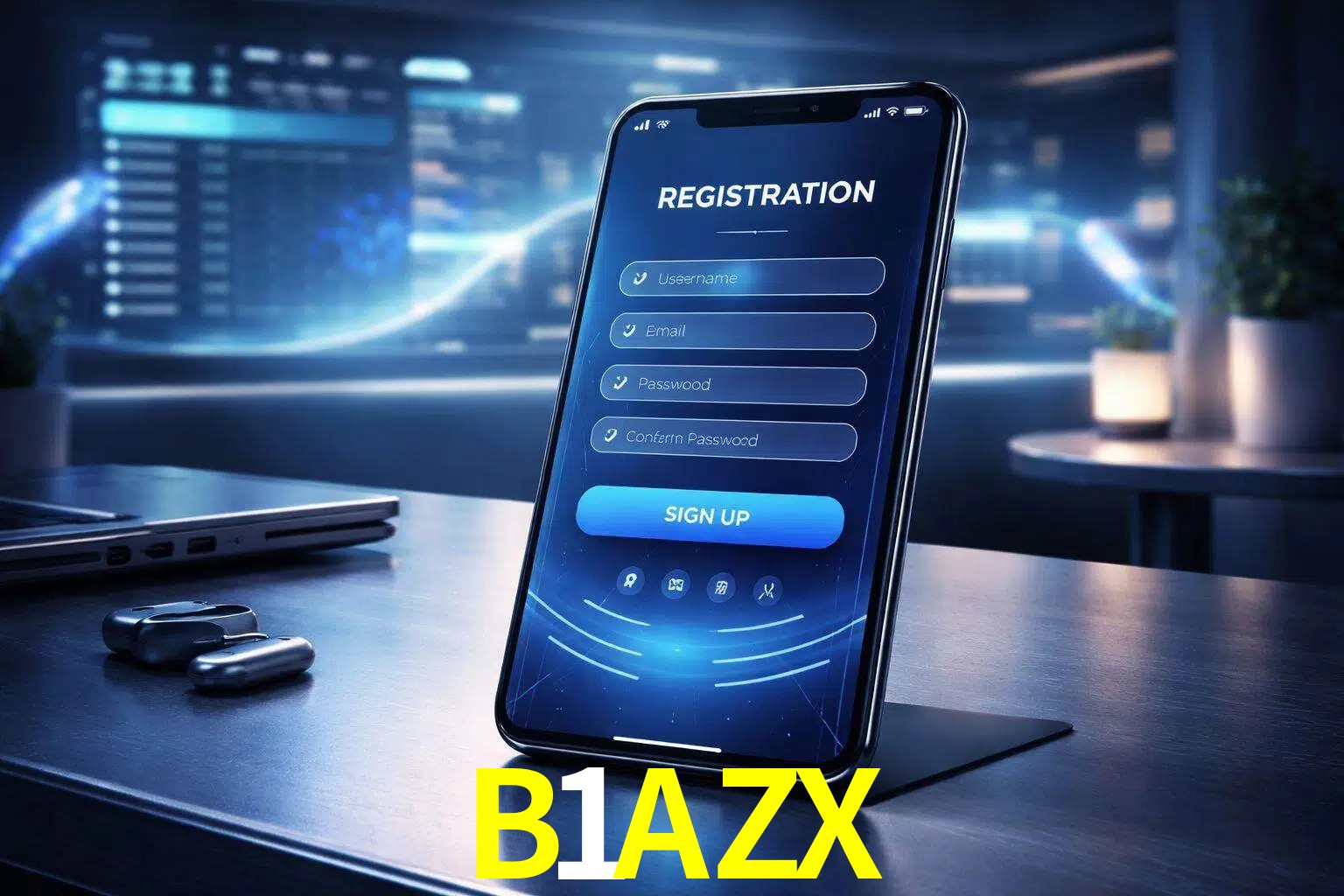 Una interfaz moderna de registro móvil para B1AZX mostrada en un smartphone con un panel de apuestas elegante.